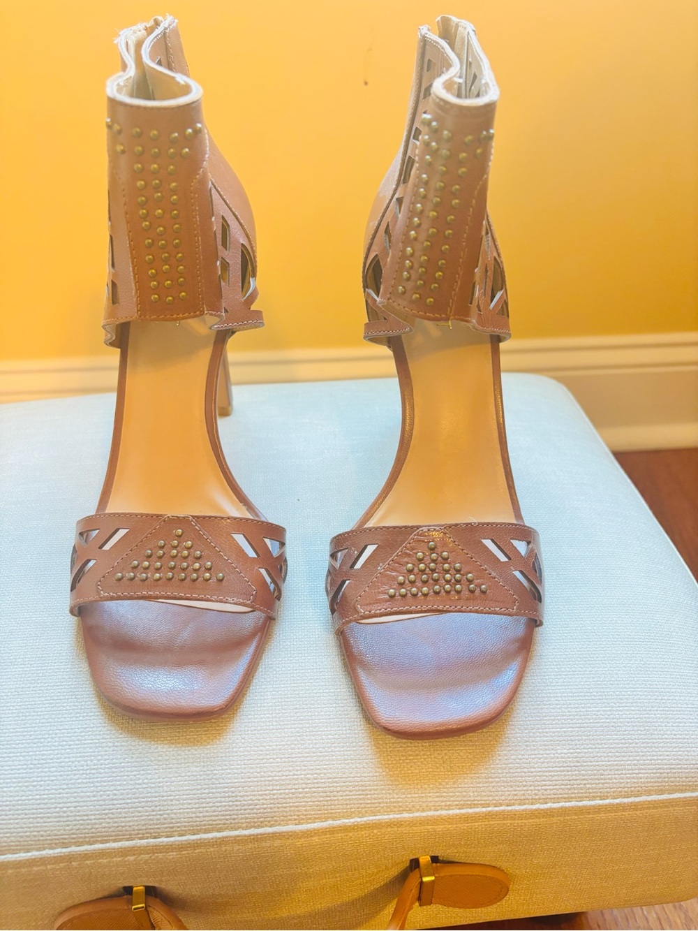 Nine West Brown Studded Cutout High Heel Sandals